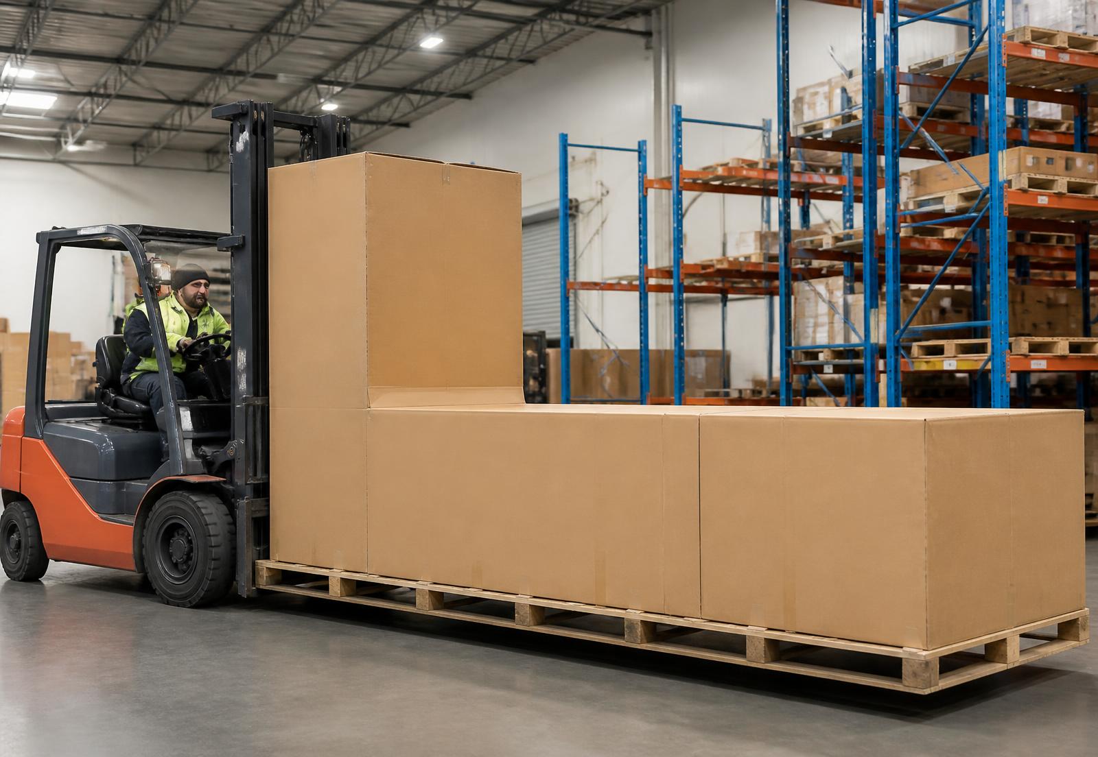 Forklift moving an oversized furniture carton through a warehouse