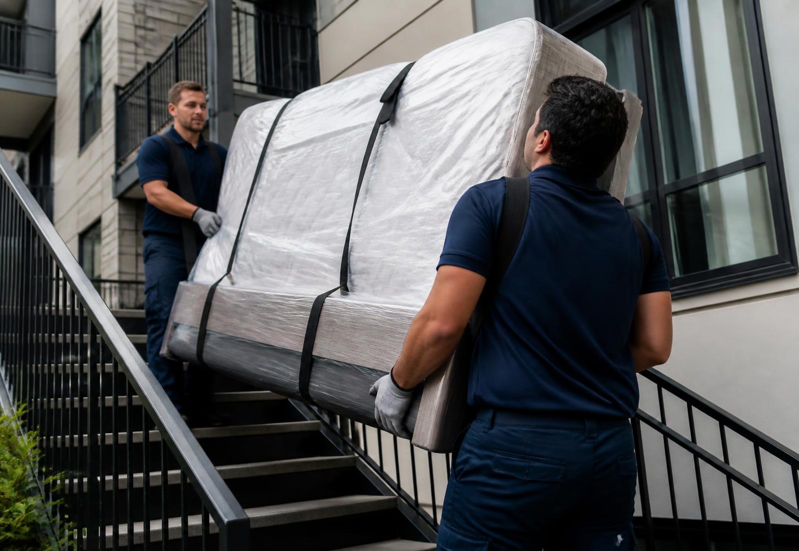 Two delivery workers carrying a large mattress and bedframe up an external staircase