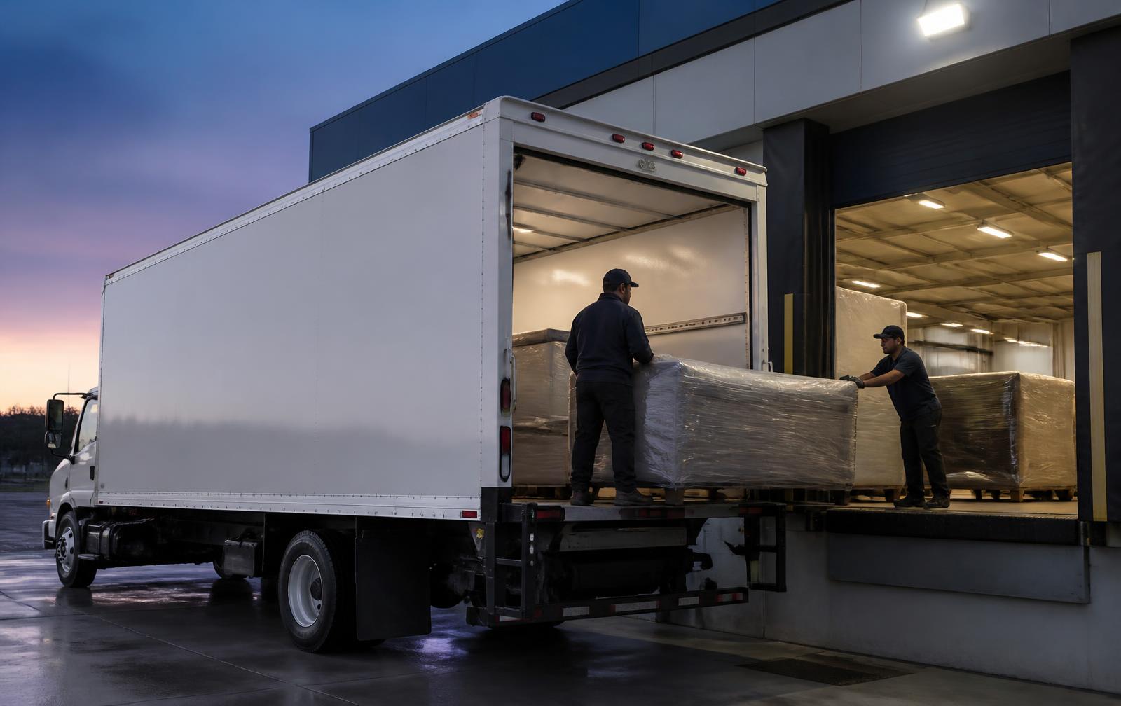 Furniture being transferred at a warehouse loading dock