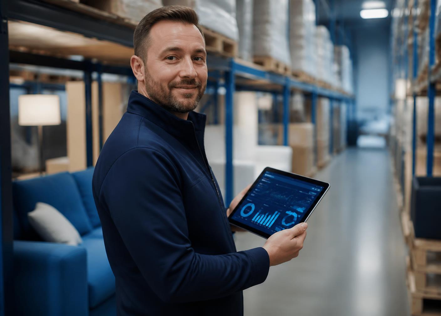 Operations manager reviewing logistics information on a tablet in a warehouse